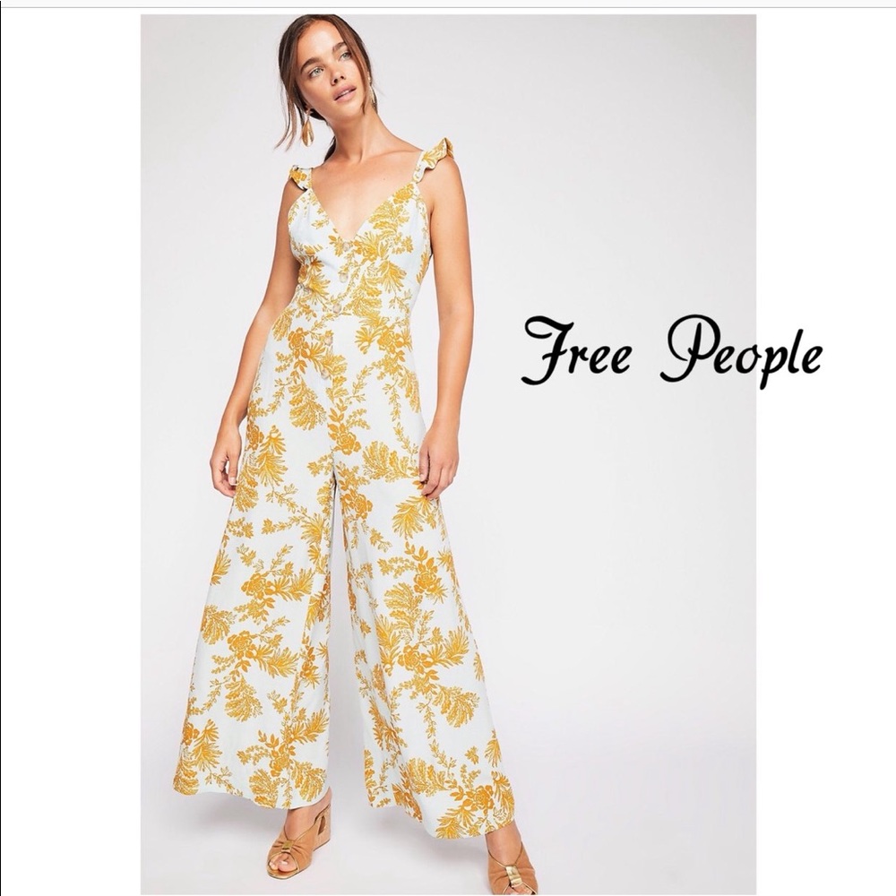 Free People White and Mustard Floral Wide-Leg Jumpsuit
